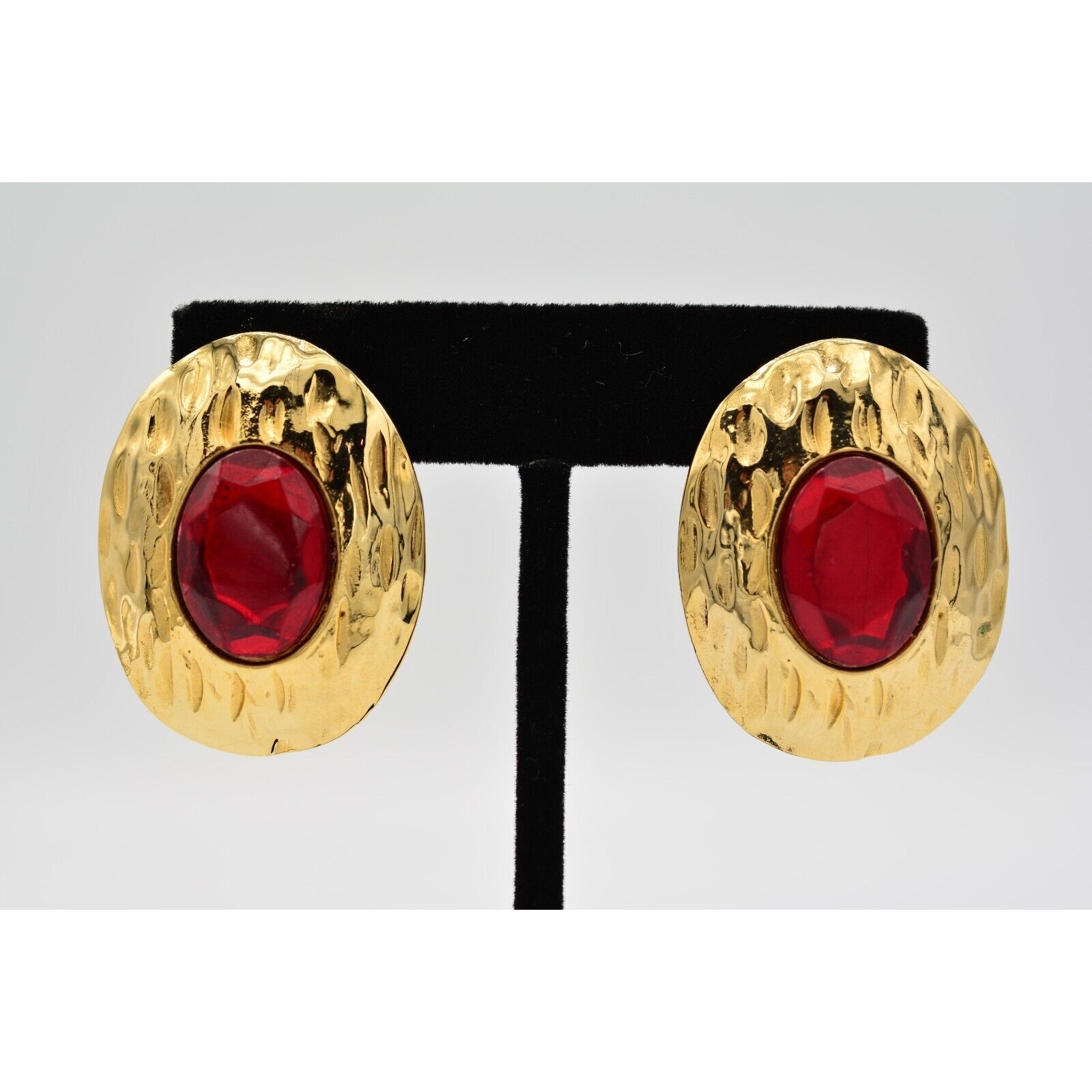 Ellen Designs Vintage Clip Earrings Red Crystal Gold Chunky Signed 1980s Binz